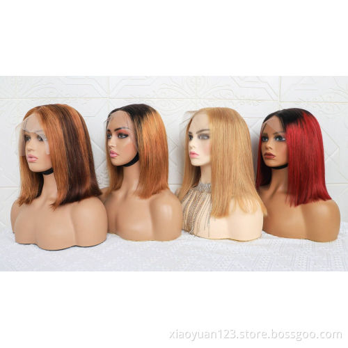 Orange Colored Human Hair Wig Straight Short Bob Lace Front Wig Summer Pixie Blunt Cut Brazilian Remy Wig For Black Women